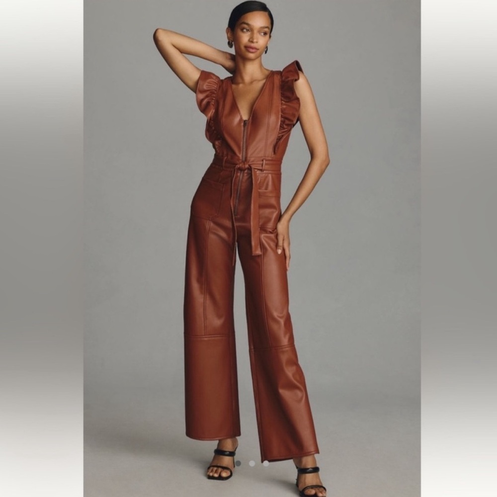 SOLD Collette Ruffled Brown Leather Jumpsuit